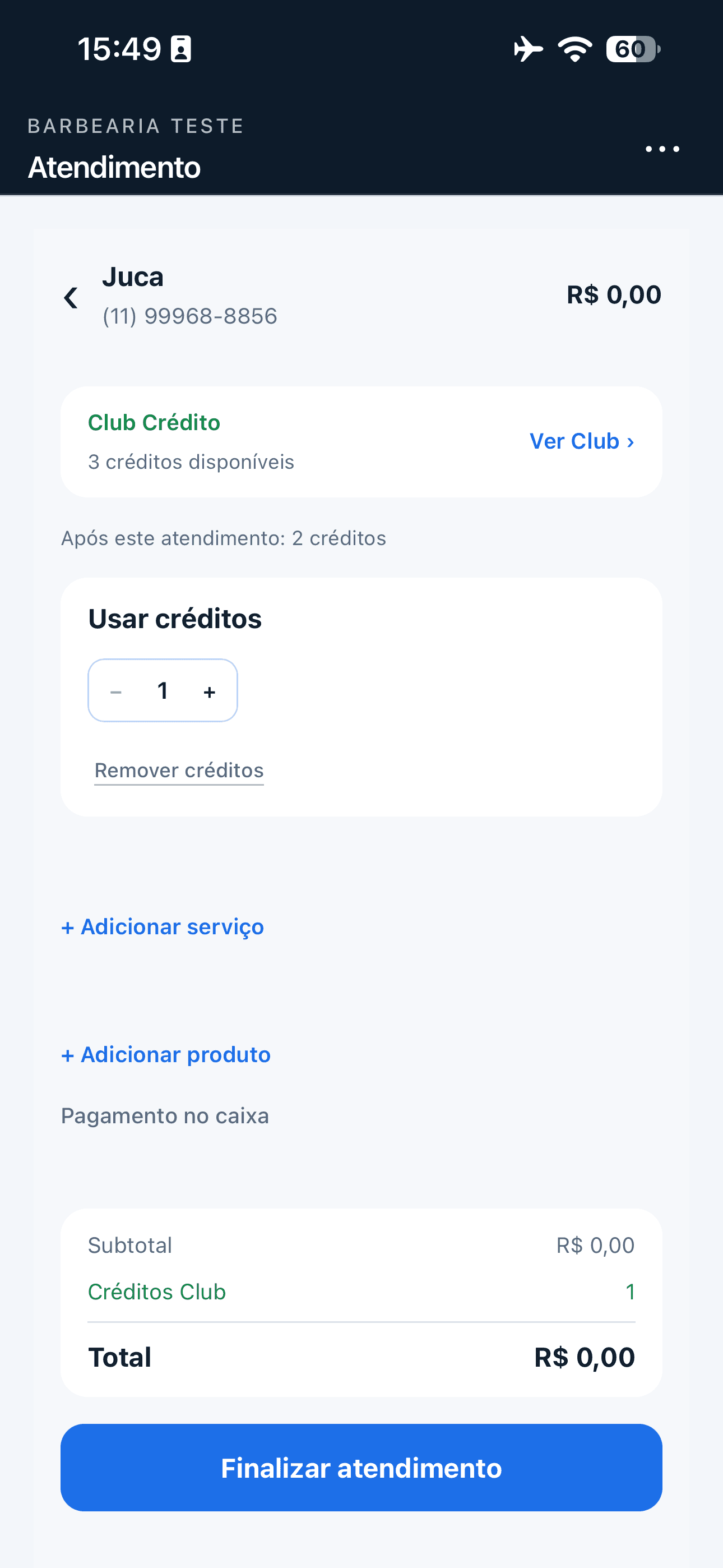 Atendimento direto mostrando cliente, Club Crédito e uso de créditos