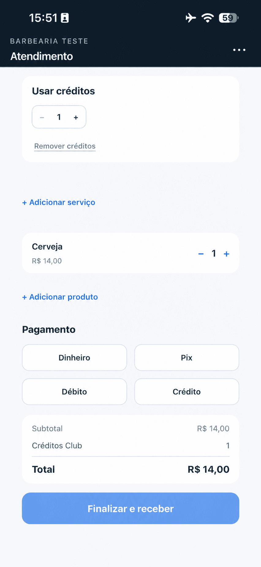 Atendimento direto mostrando produto, formas de pagamento, total e finalização